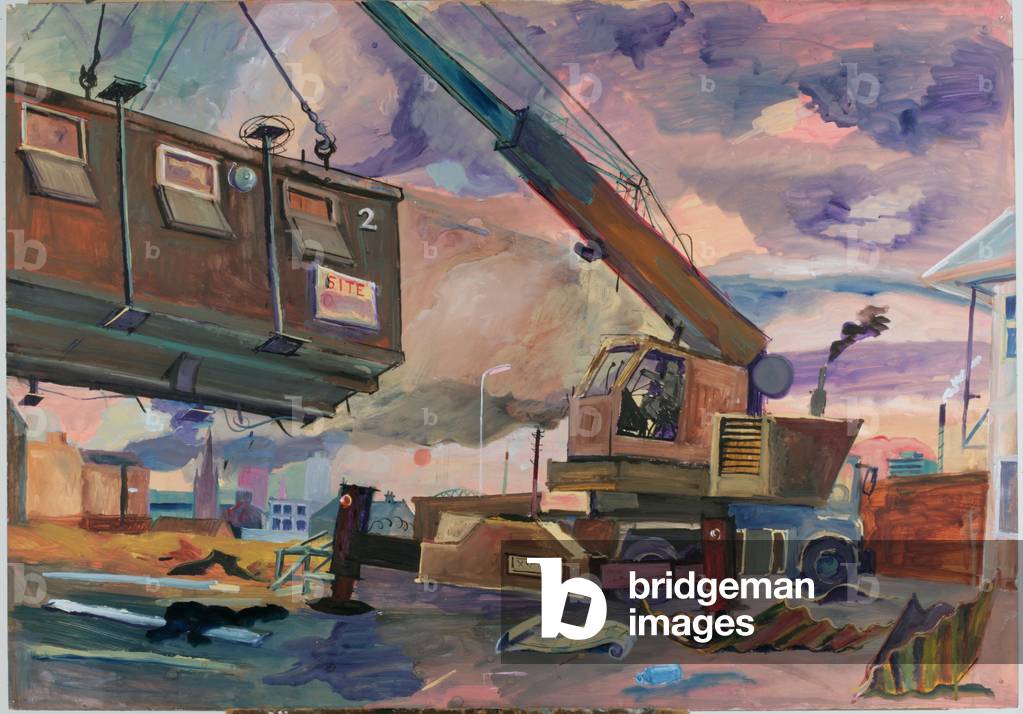 Portacabins Leave Rye Hill Site - the Move Takes a Day, 1986 (w/c, bodycolour & acrylic on paper)