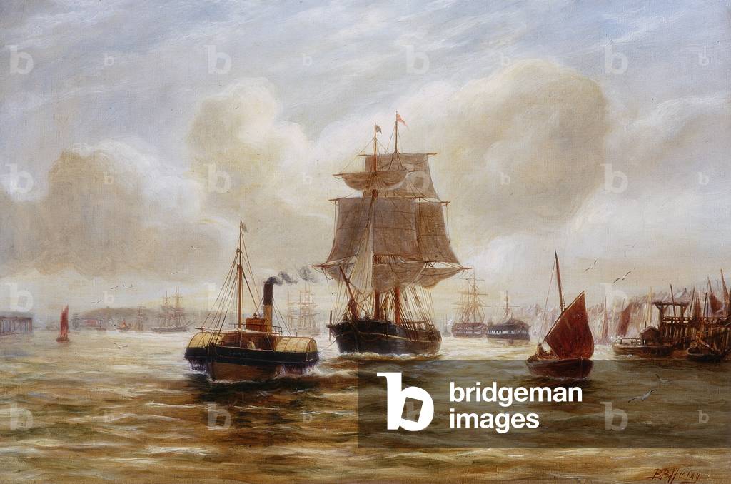 Steam Tug Towing a Ship at the Mouth of the Tyne (oil on canvas)