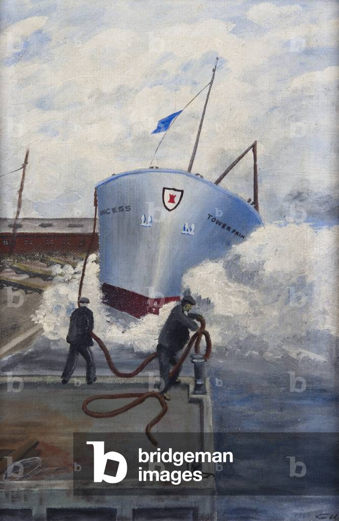 Sideways launch of Tower Princess from Clelands Shipyard, Willington Quay into the River Tyne, 1968 (oil on board)