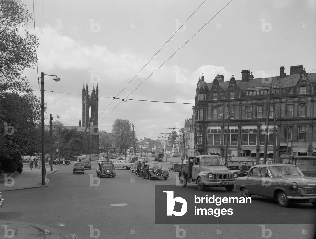 Looking along Barras Bridge, towards the Haymarket, Newcastle upon Tyne, UK, May 1961 (b/w photo)
