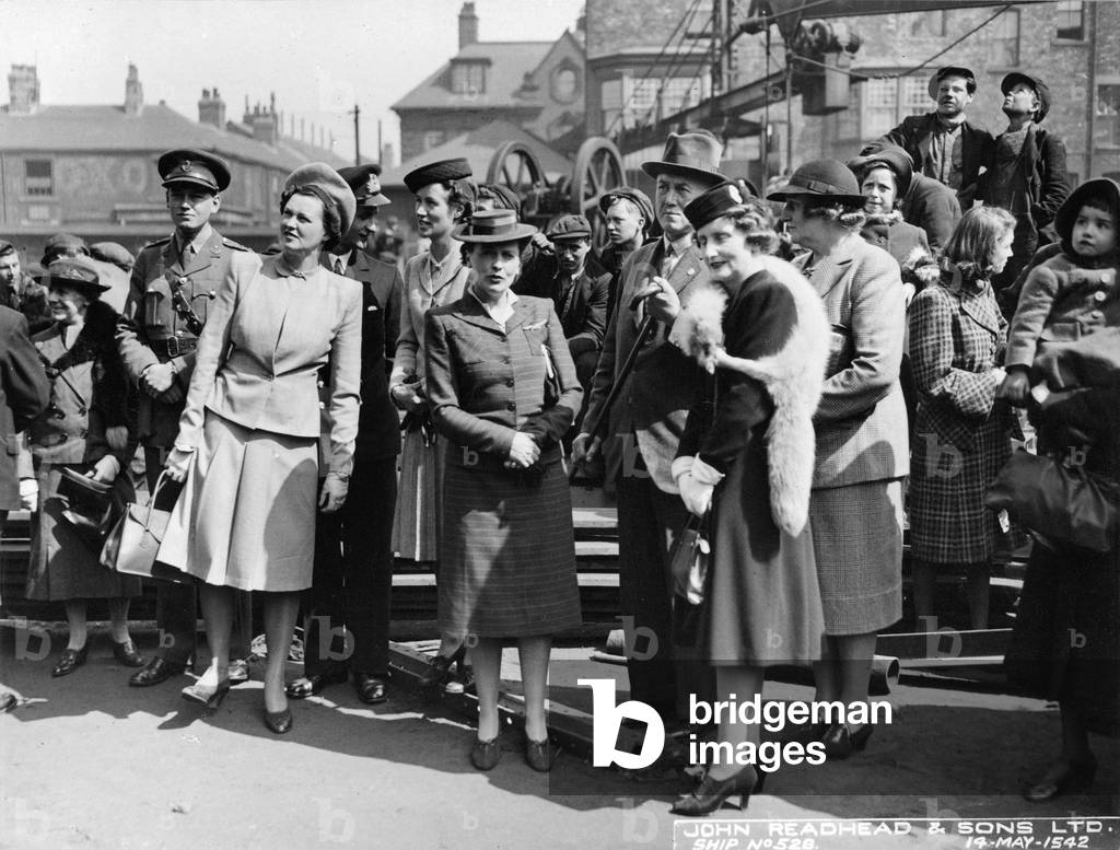 Launch party of the cargo ship 'Empire Hazlitt', South Shields, UK, 1942 (b/w photo)