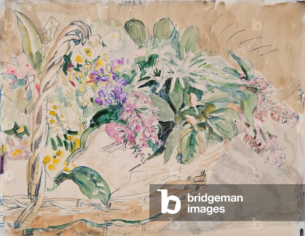 Flowers in a Basket (pen & ink with w/c on paper)