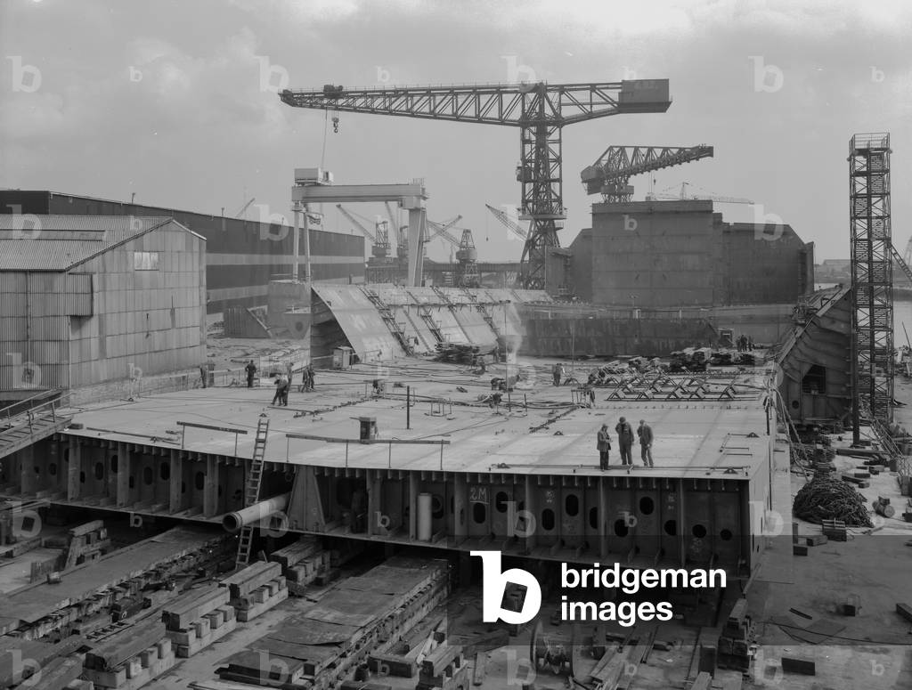 Progress with the double bottoms of 'Naess Crusader', Sundeland, UK, 1972 (b/w photo) 