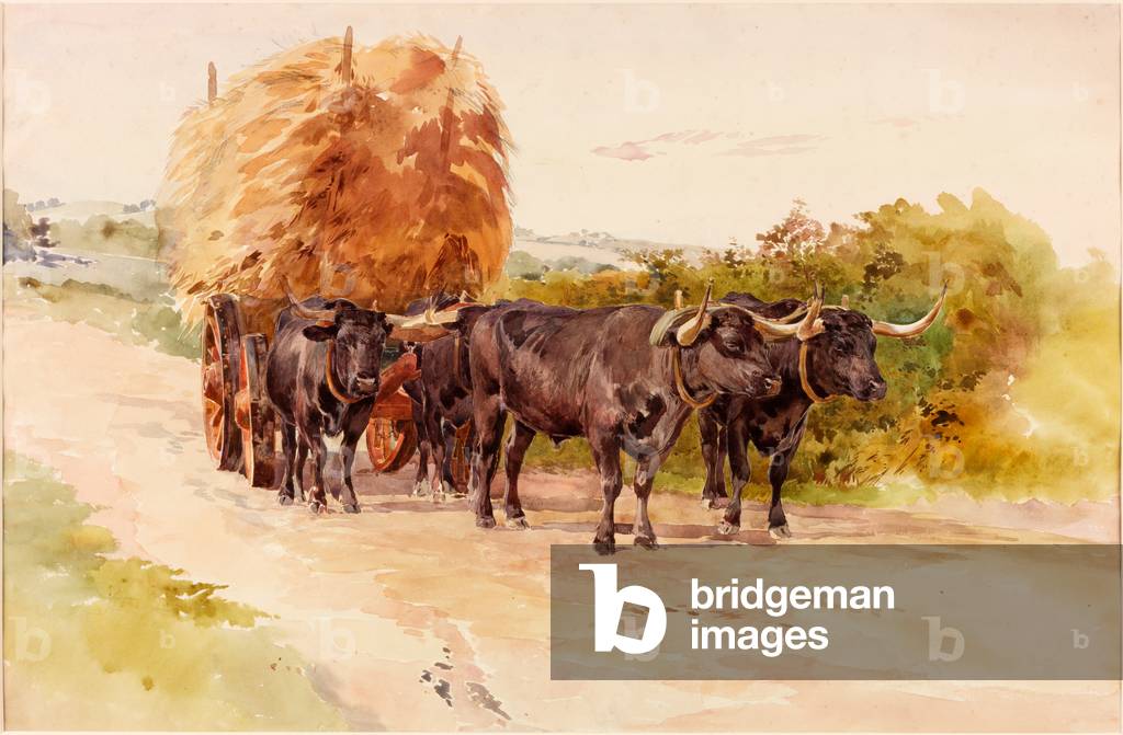 Landscape with Oxen Pulling a Haycart (b/c & w/c on paper, on card)
