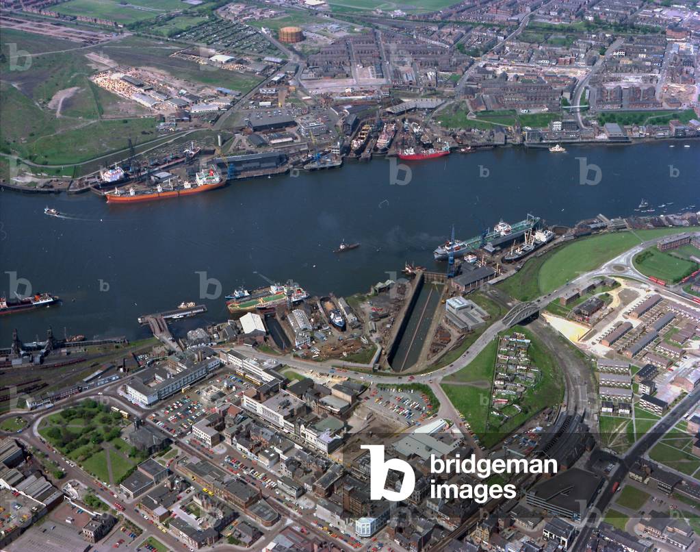 Aerial view of South Shields, showing King Street and the Riverside area, UK, May 1977 (photo)