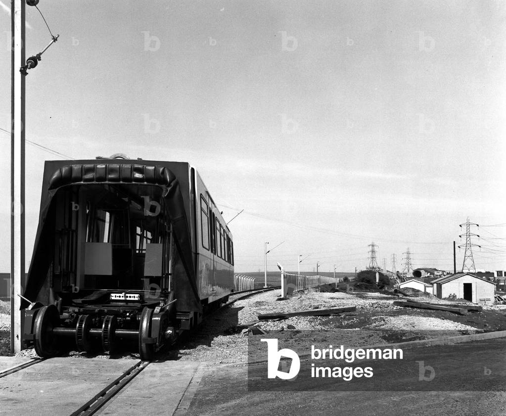 A prototype rail car being tested, UK, 1975 (b/w photo)