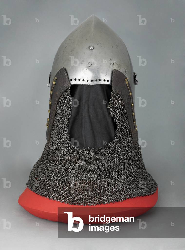 Ridged skull basinet fitted with a 'hounskull' visor, c.1390-1410 (iron, copper alloy and leather)