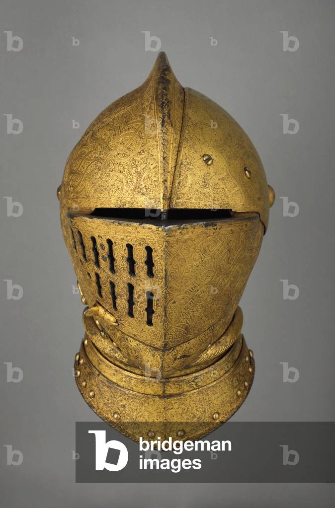 Close-helmet, Augsburg, 1555 (medium-carbon steel, copper alloy, leather, wax, gold, silk and velvet, etched and gilt)