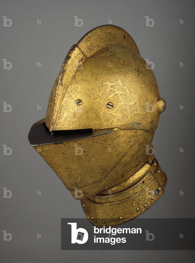 Close-helmet, Augsburg, 1555 (medium-carbon steel, copper alloy, leather, wax, gold, silk and velvet, etched and gilt)