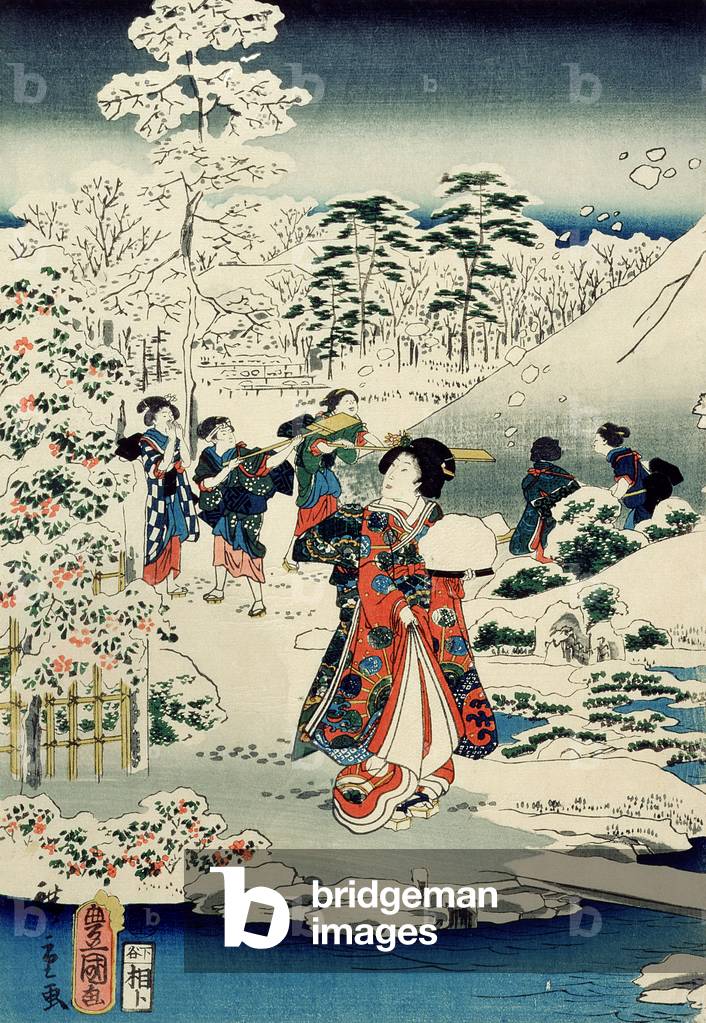 Maids in a snow-covered garden, 1859 (colour woodblock print)