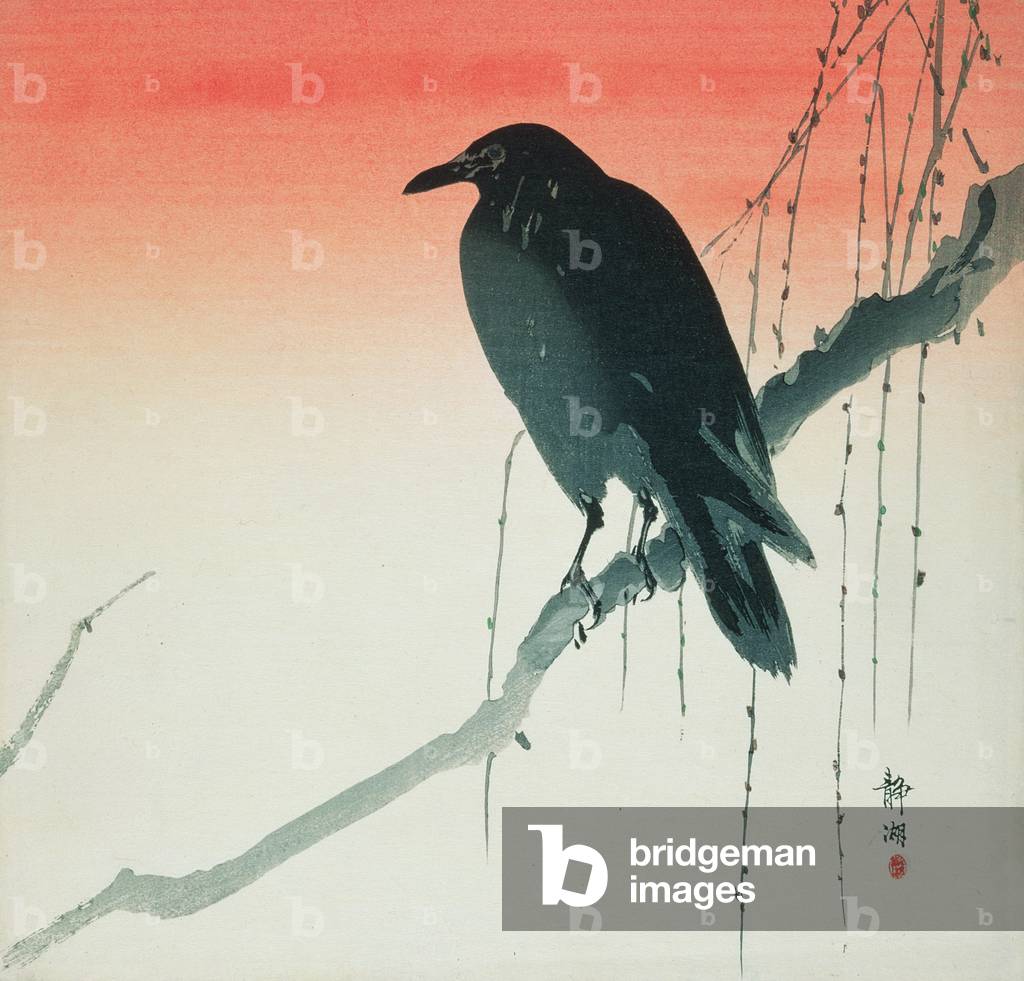 Crow on a Willow Branch, early 1900s (colour woodblock print)