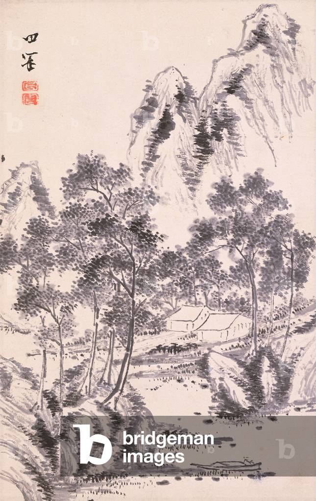 A Scholar in a Boat on a Lake among the Mountains, Edo Period, 1820 (ink on paper)