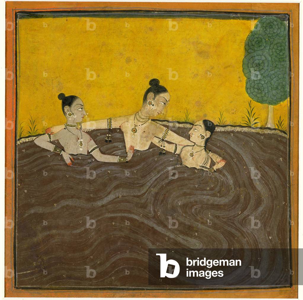 Three girls bathing, illustration to the musical mode of Sindhuri, Mankot, Punjab Hills, c.1710-20 (w/c, gold & silver on paper)