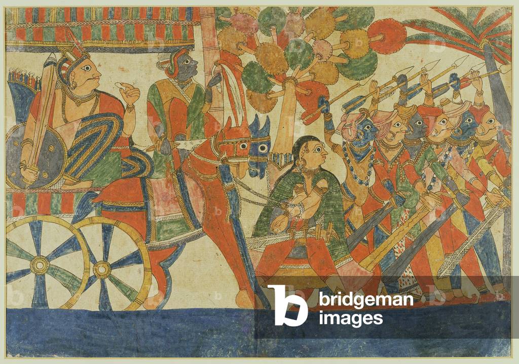 Six warriors, leading a king in a chariot, Paithan, Maharashtra, 1830 (w/c on paper)