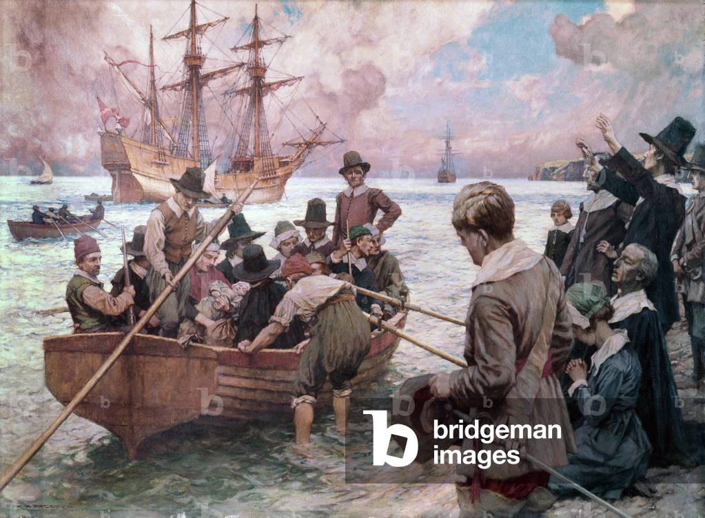 "«" Embarquement des Pelerins du bateau "" Mayflower "» nel porto di Plymouth in Inghilterra"