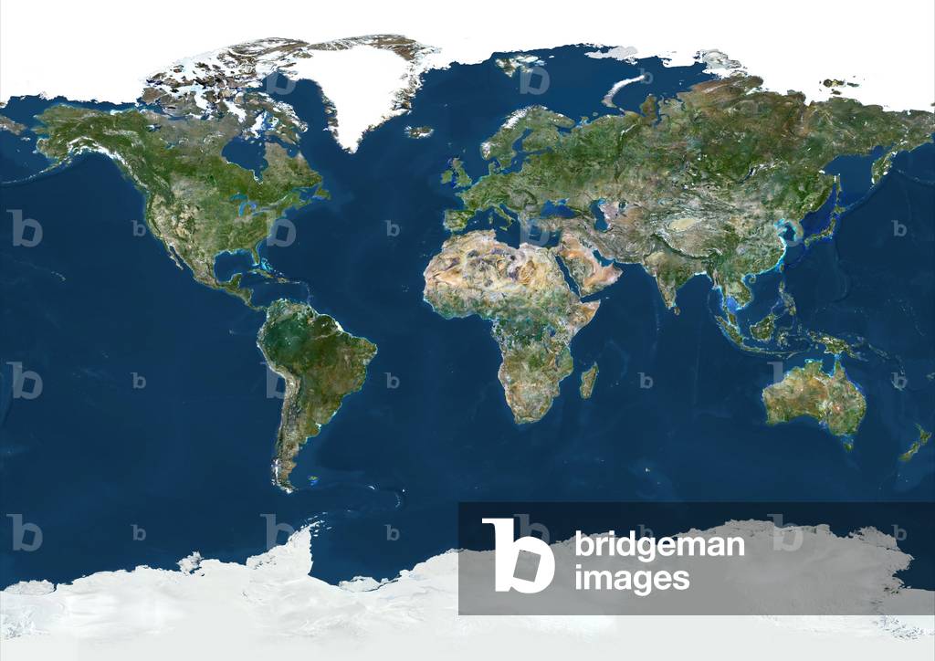 World With Arctic Ice Pack In Geographic Projection, True Colour Satellite Image. True colour cloudless satell