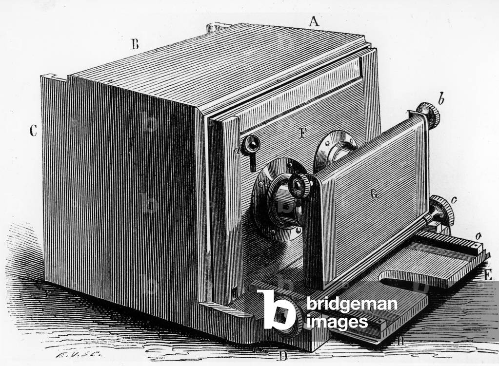 a stereoscopic camera with a single shutter operating in front of both lenses. Dated 19th Century, b/w