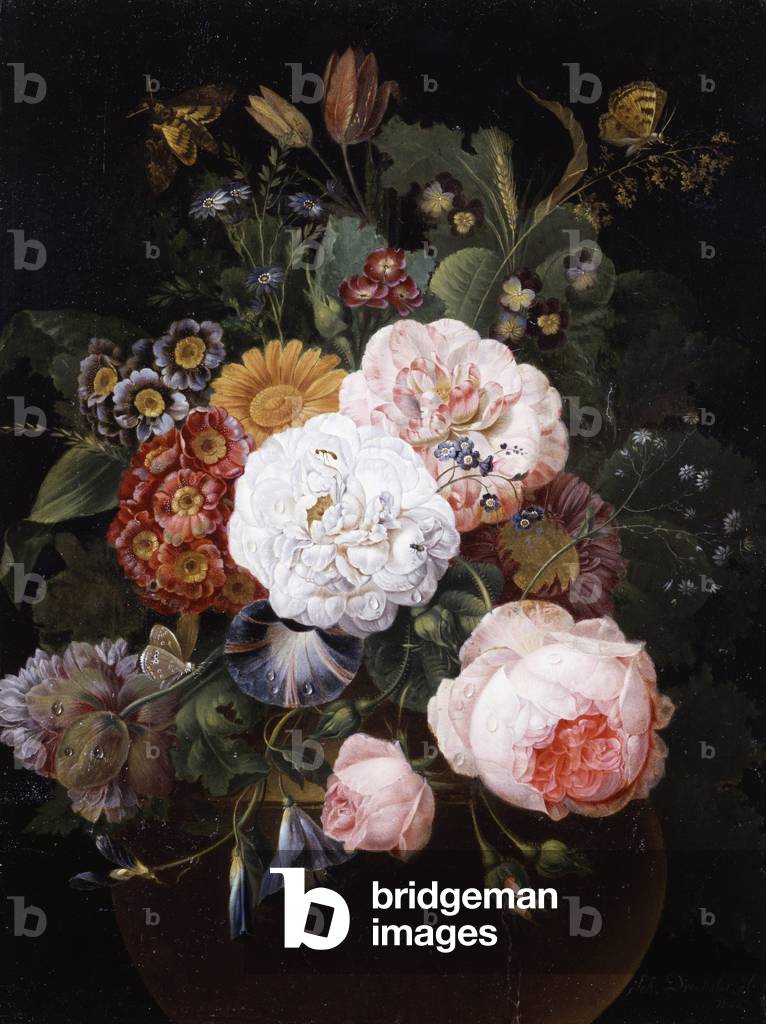 Nature morte de Fleurs dans un pot (non rose, primeveres et marguerites), 1807. Peinture de Johann Baptist Dre