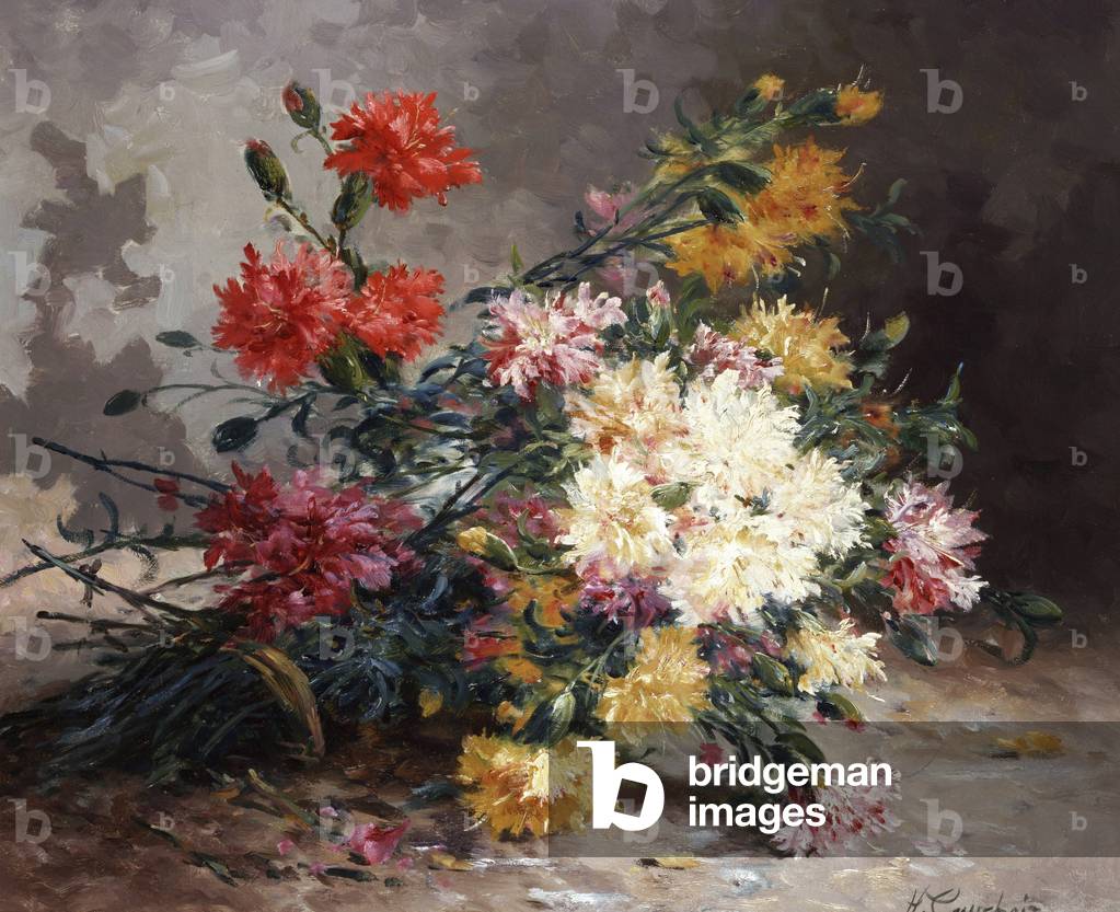 Bouquet d'oeillets. Peinture de Eugene Henri Cauchois (1850-1911) Sammlung privée.