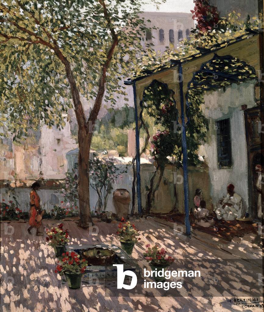 „" Une cour de villa a Tetouan au Maroc "“ Trois personnages in einer Terrasse ombrage. Malerei von Mariano Be