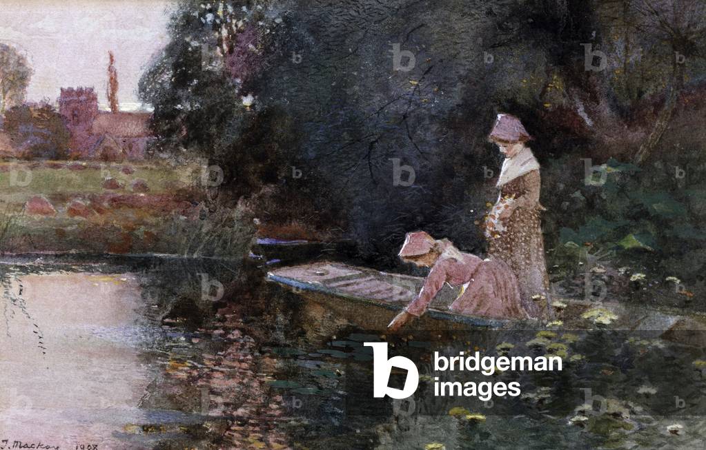 Picking Water Lilies. Deux jeunes filles sur une barque dans un bassin ramassent des fleurs nenuphars. Peintur