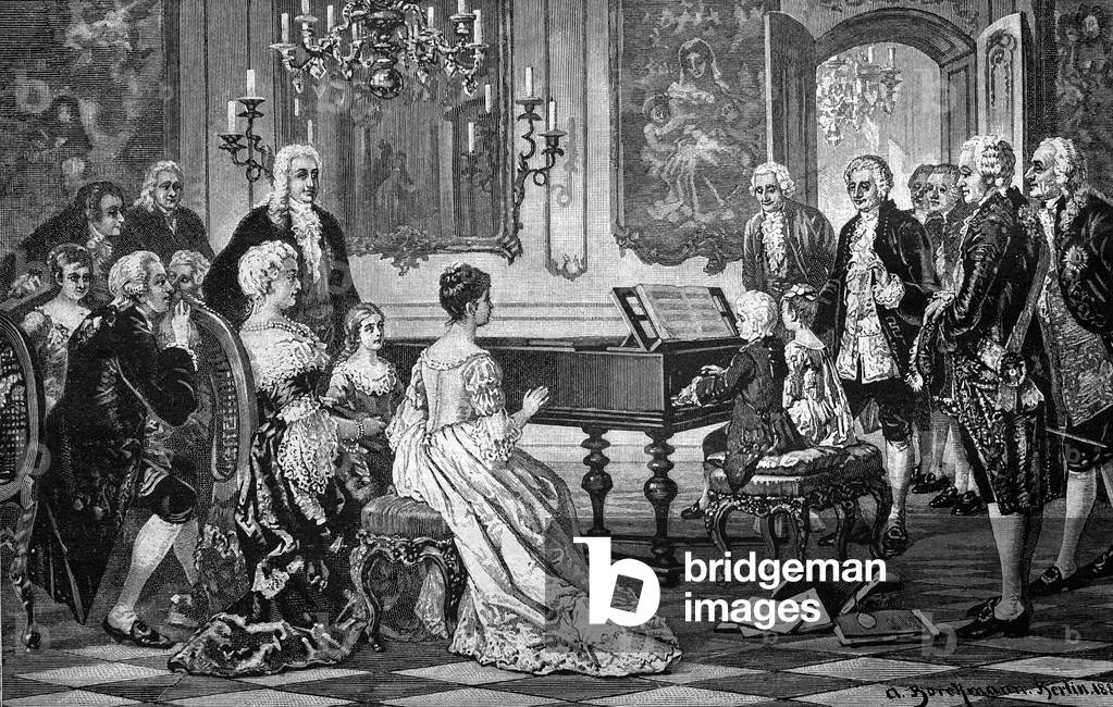 "Mozart e sua sorella giocano davanti all'imperatrice Maria Teresa" 1888, b/w