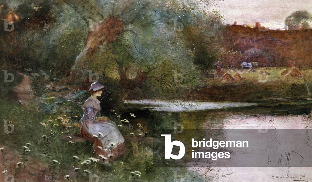 In Hampton Lucy, Warwickshire. Une jeune fille assise au bord d'un lac a la campagne. Peinture de Thomas Macka