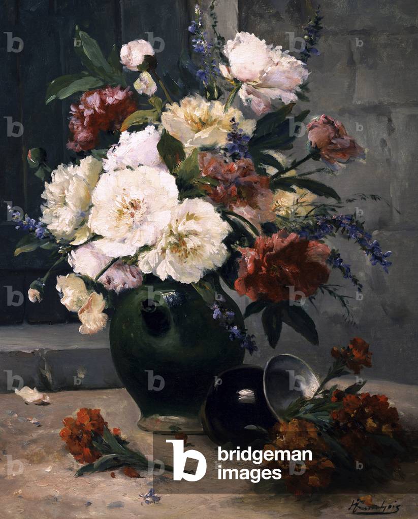 Natur morte de pivoines et de giroflees. Peinture de Eugene Henri Cauchois (1850-1911) Sammlung privée.