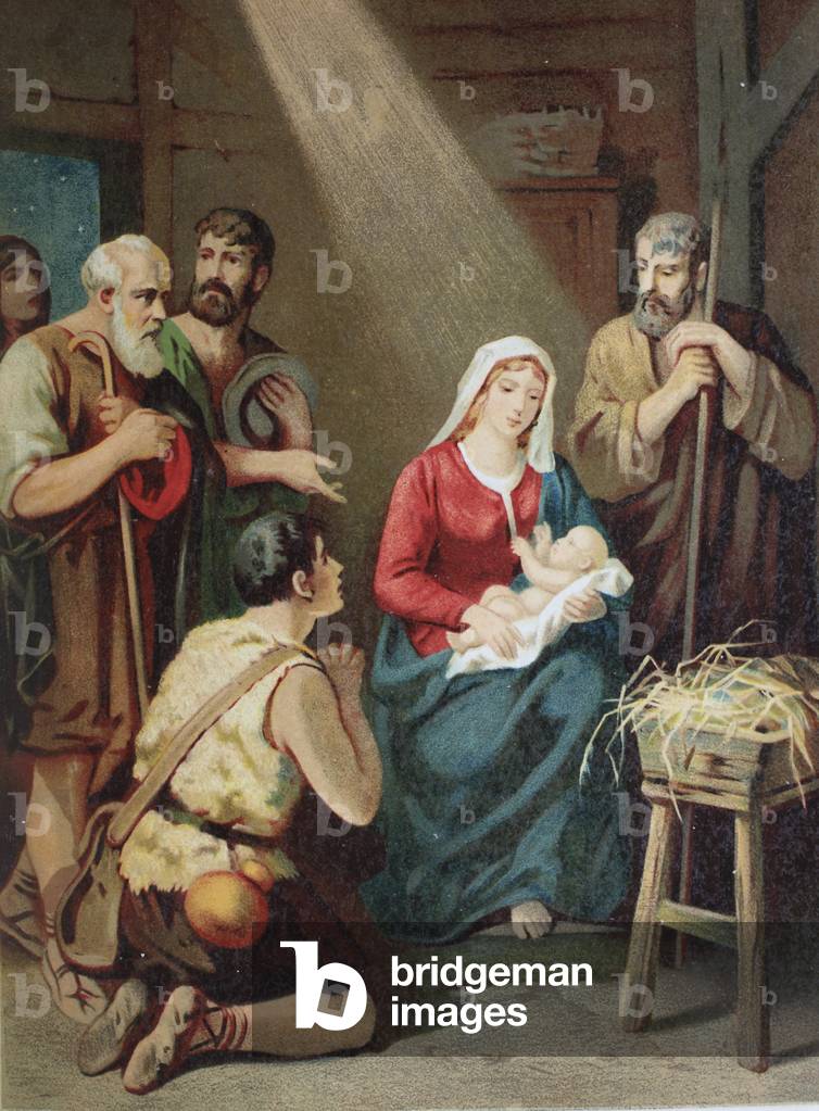 Christi Geburt, Chromolithographie aus einer Hausbibel, 1870