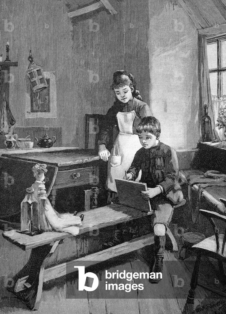 Garçon dessinant la poupée de sa sœur, illustration historique vers 1893
