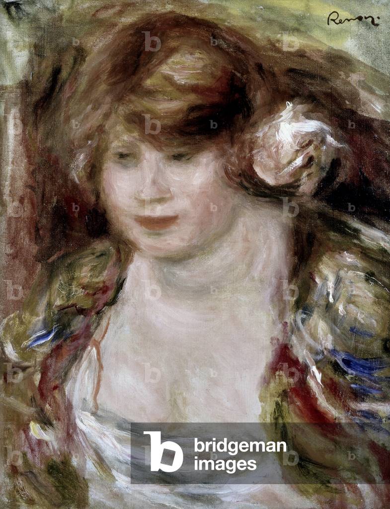 Image of Painting depicting Femme a la Rose. Peinture de Pierre Auguste Renoir (Pierre-Auguste Renoir by Pierr