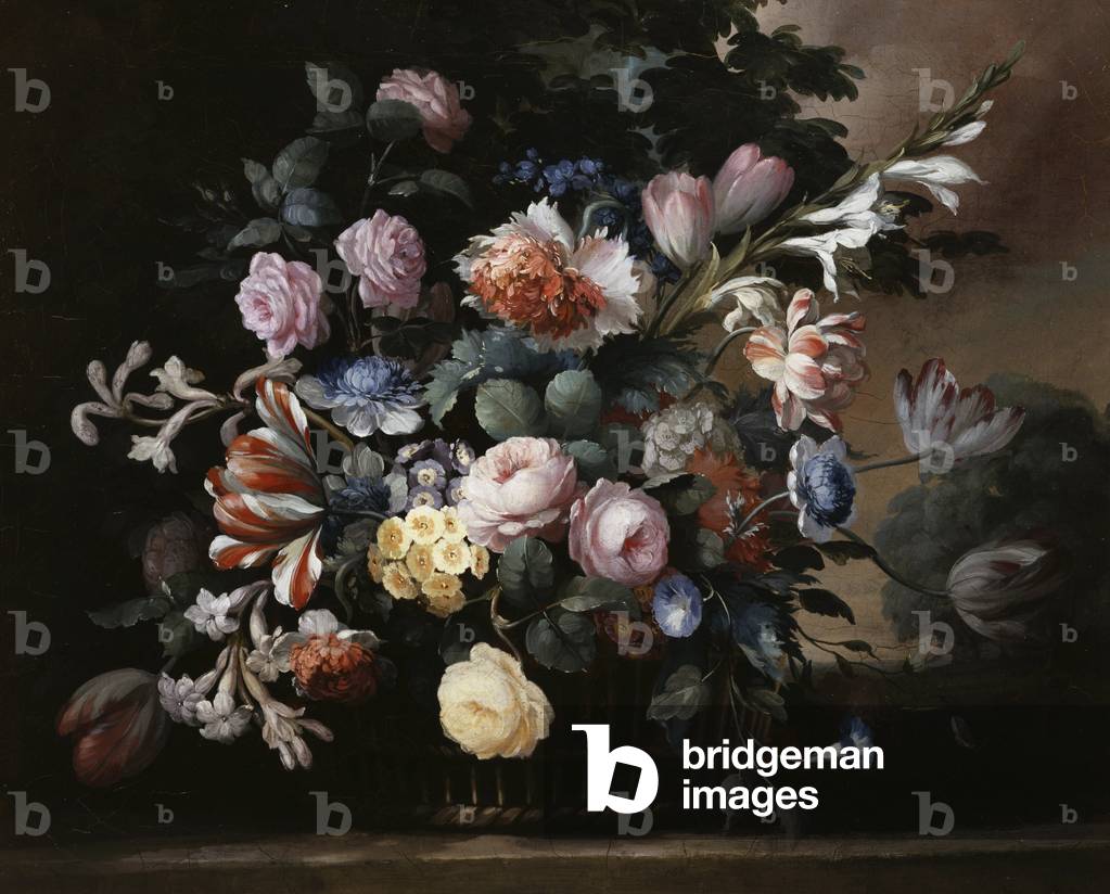Nature morte de fleurs d'ete avec des roses, primeveres et des tulipes. Peinture de Elise Bruyere (1776-1842) 