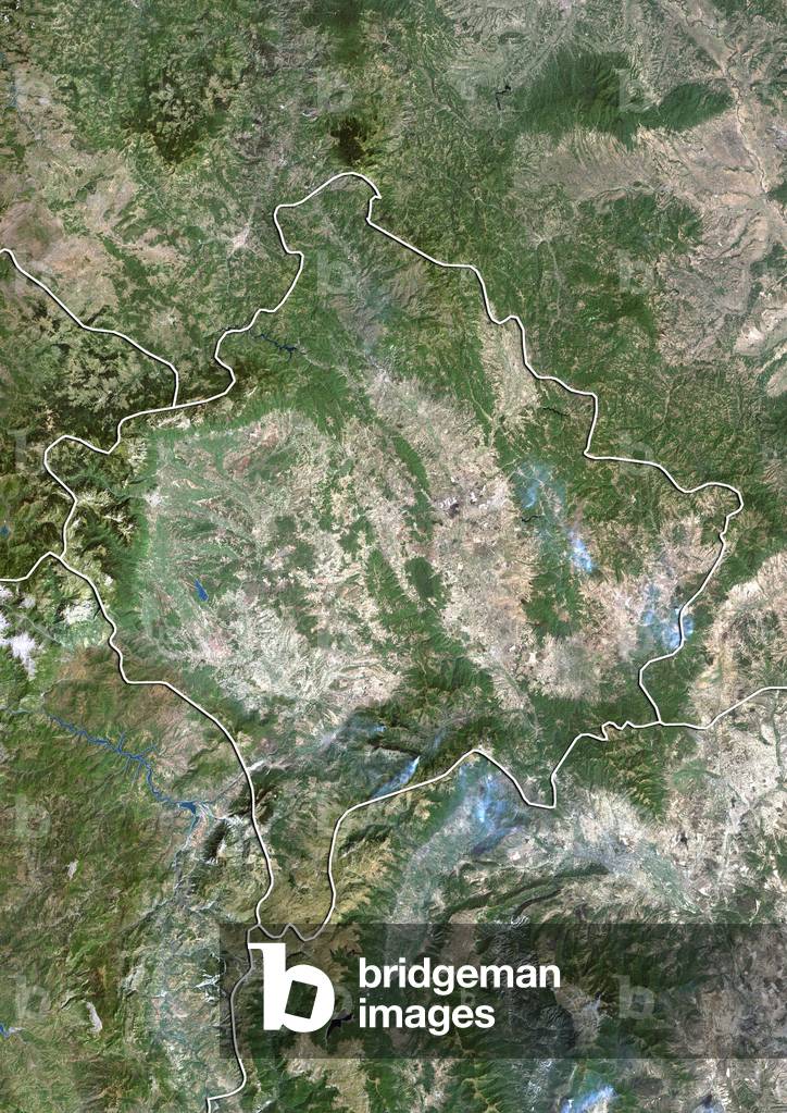 Satellite view of Kosovo (with border). This image was compiled from data acquired by LANDSAT 5 & 7 satellites