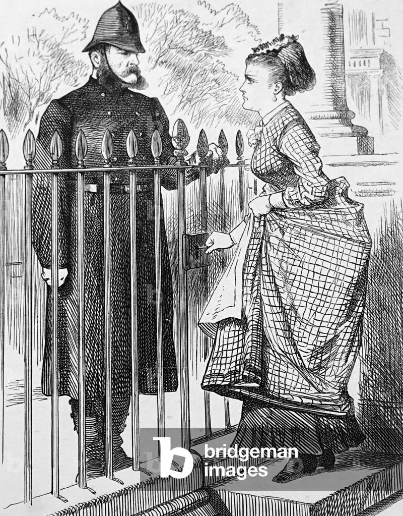 A policeman speaking with a young woman, 1886 (engraving)