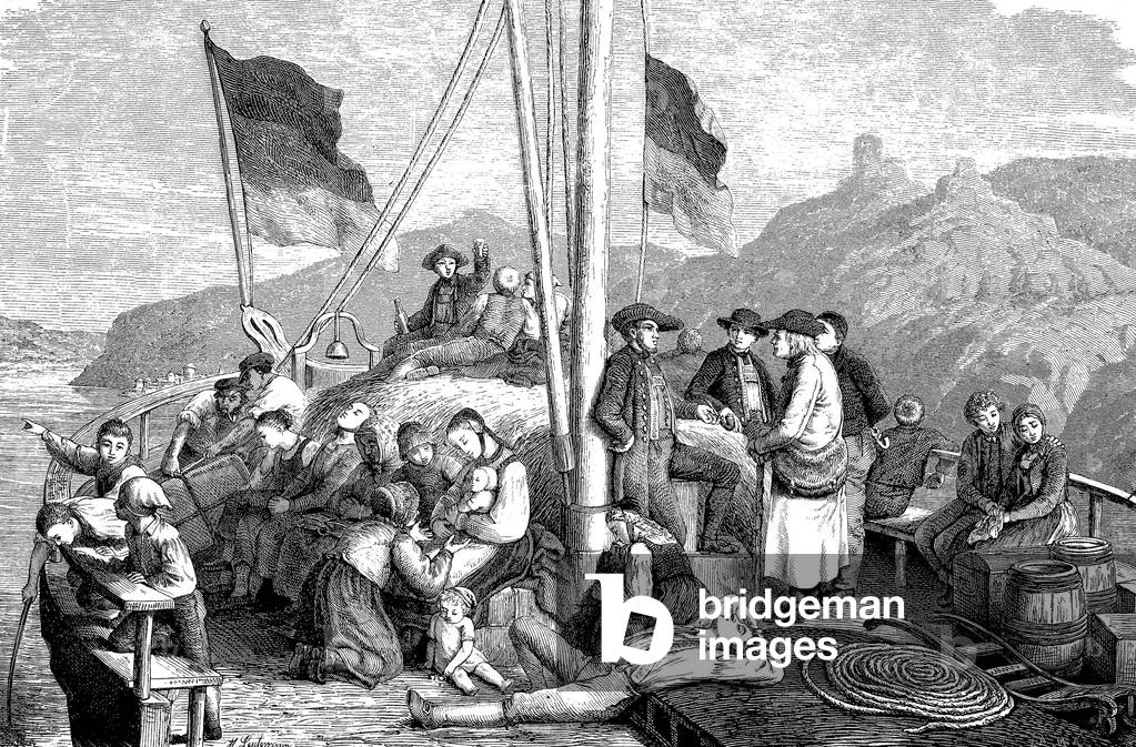 Emigrants on a boat on the Rhine, b/w