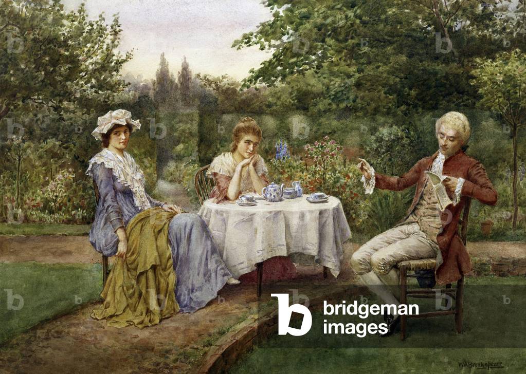 Lesung im Garten. Vortrag dans un jardin. Un homme lit un poeme a deux femmes assise rezitiert autour d'un the