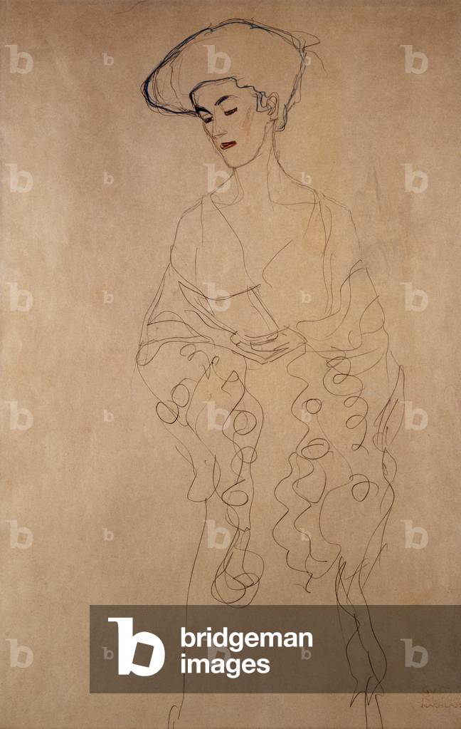 «" Mit leichter wendung nach links "» (Legerement tourne vers la gauche). Dessin de Gustave Klimt (1862-1918).