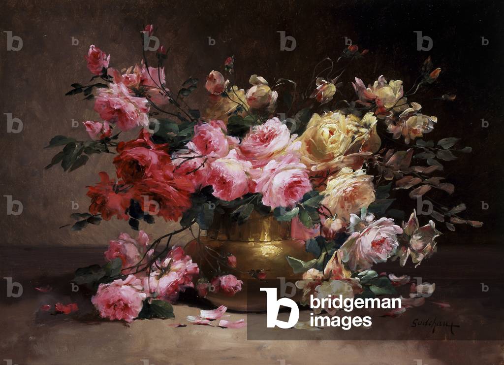Nature morte de roses rouges, rose et jaunes. Peinture de Alfred Gochaux (1835-1895) Collezione privata.