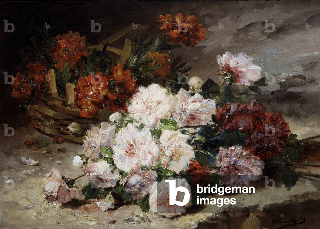Roses et giroflees. Peinture d'Eugène Henri Cauchois (1850-1911) Collection privée.