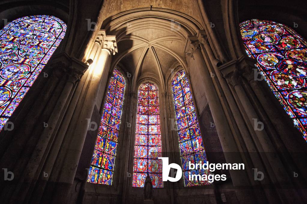 Medieval Stained Glass Windows, from the 13Th Century, Depicting the Life of St Laurence, the Martyrdom of Saint Stephen & the Life of St Vincent in the Ambulatory of the Cathedral of St Etienne of Bourges, Bourges, Cher, France (photo)