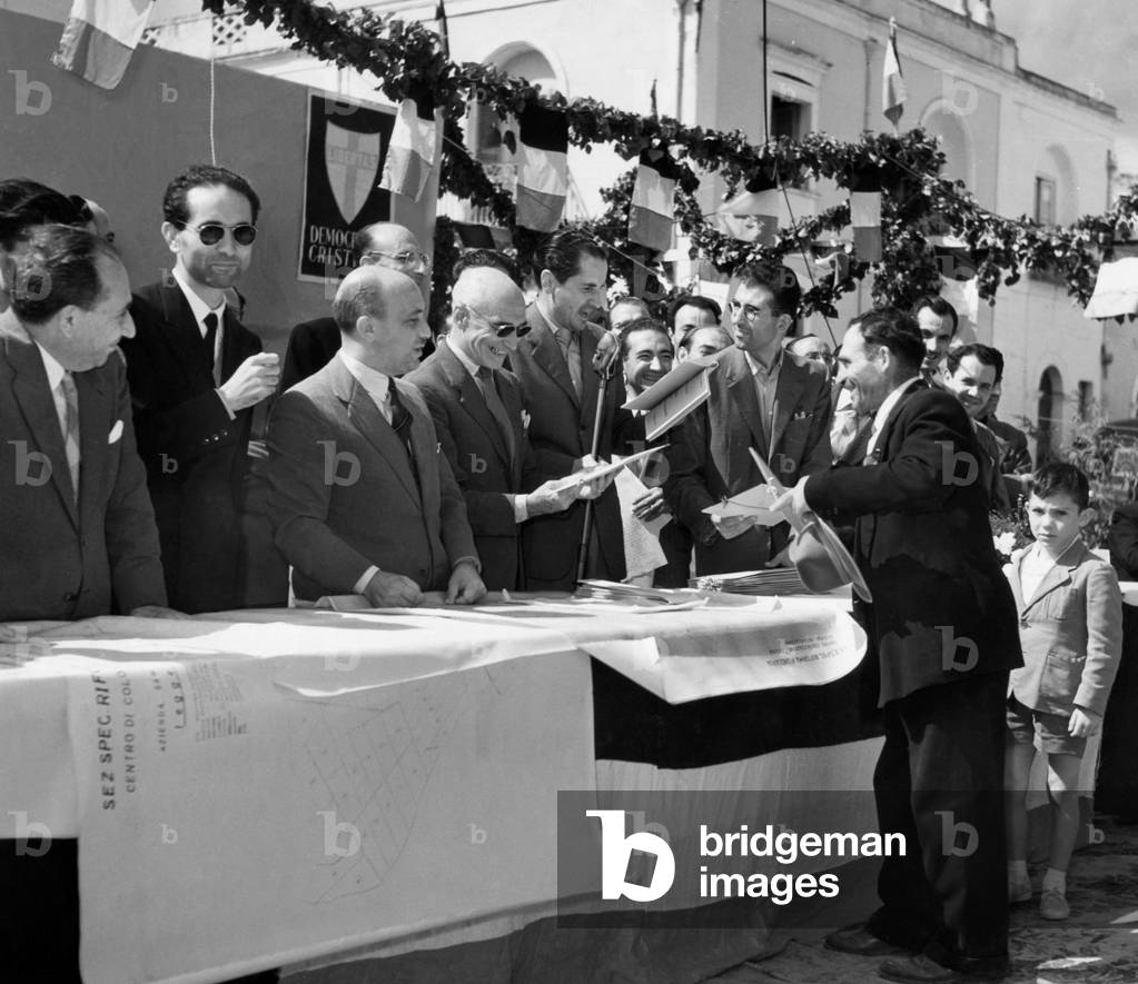 Amintore Fanfani During a Ceremony in Basilicata, Italy, 1953 (b/w photo)