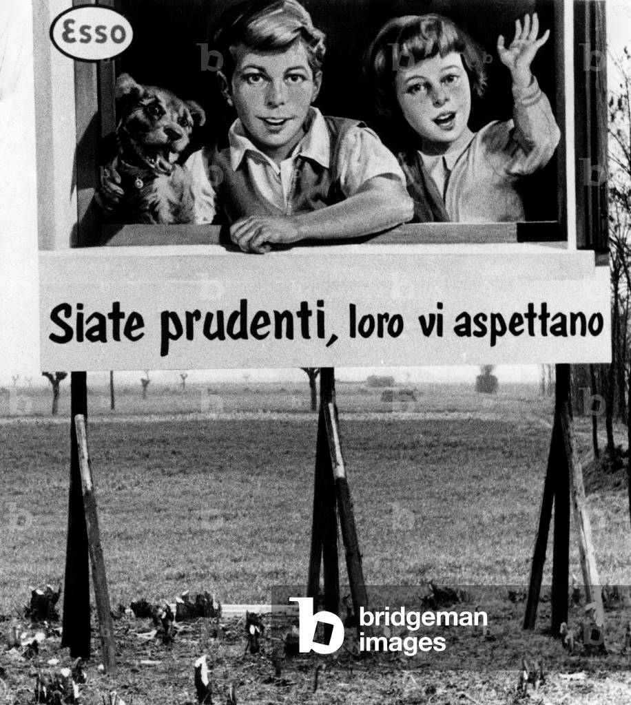 Esso advertising billboard, Italy 1958 (b/w photo)