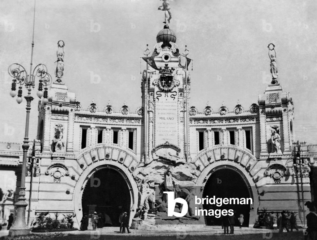Milan International Exhibition Dedicated to Transport And Innovation, Propileo of the Sempione Park Exhibition, Faà§Ade Pavilion Galleria Del Sempione, Milan 1906 (b/w photo)