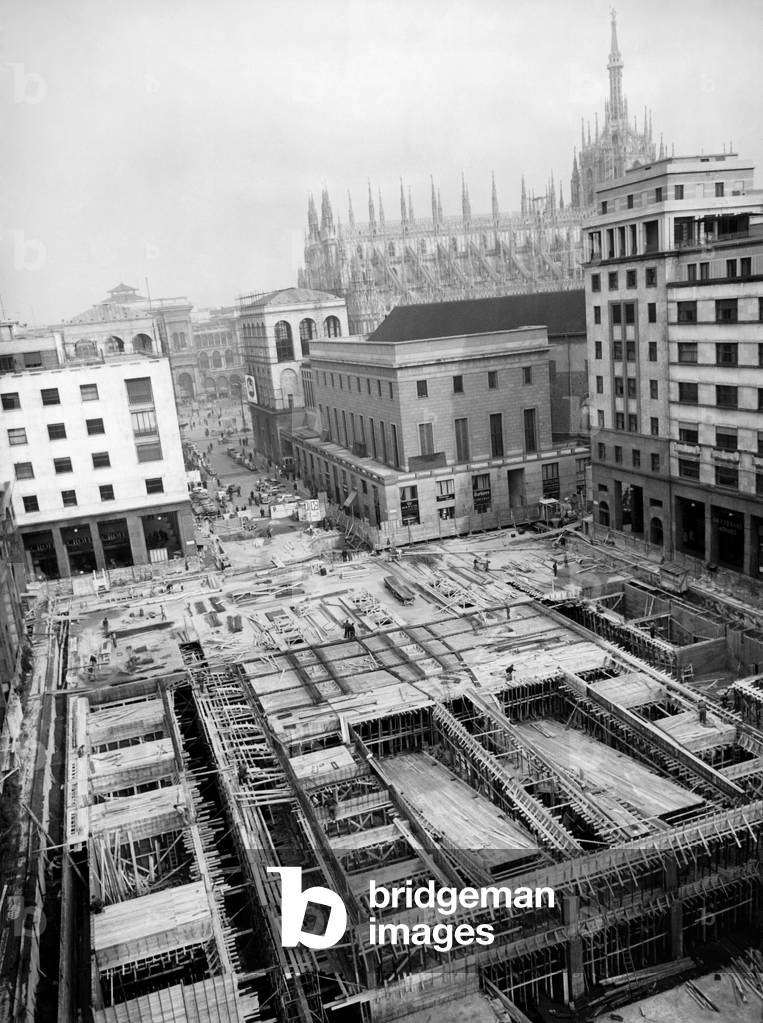 Milan, Piazza Diaz, Underground Parking Garages Building Yard, 1955 (b/w photo)