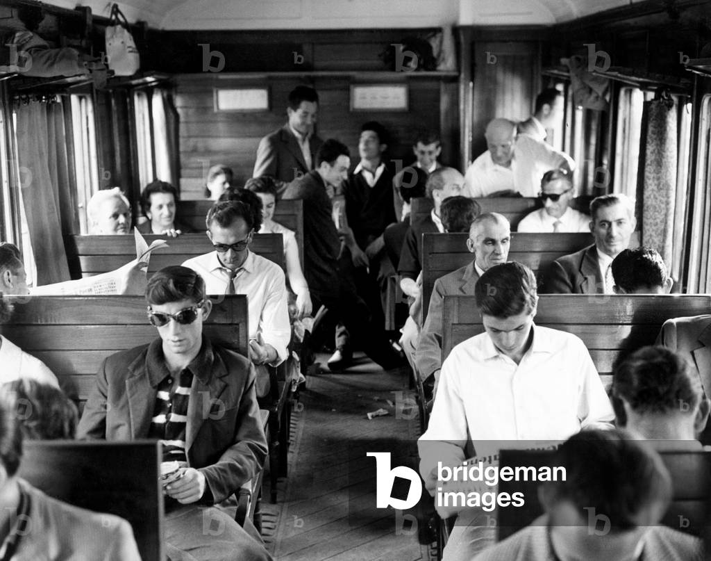 Workers on the Train in Porta Romana, Milan 1960 (b/w photo)