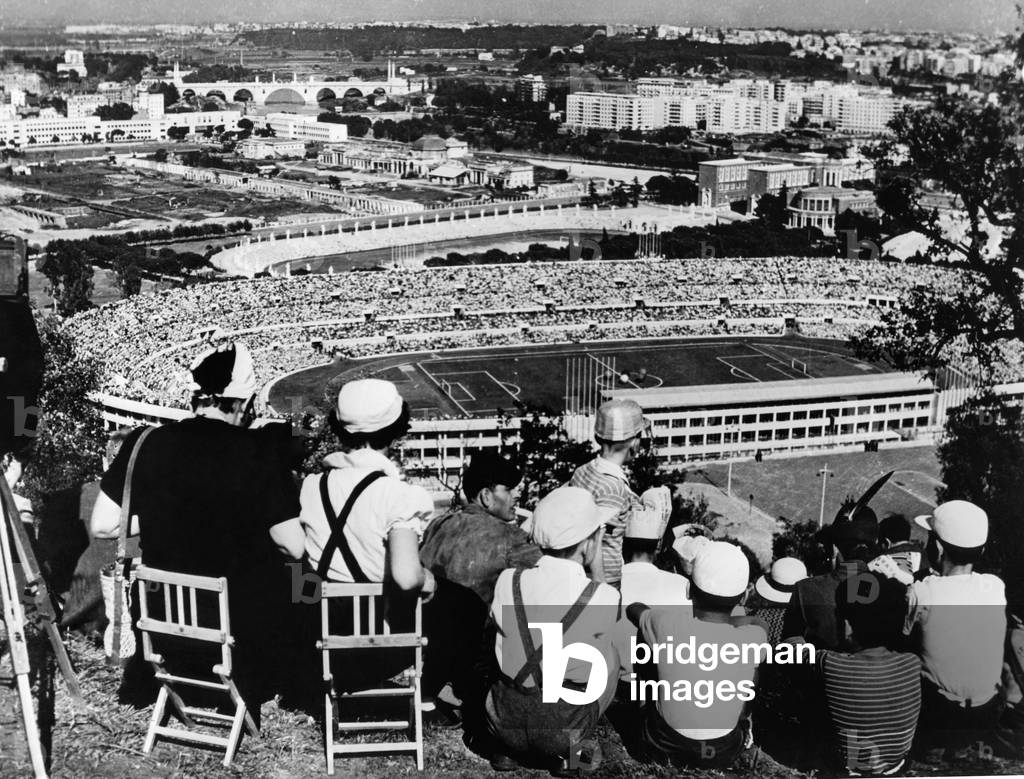Rome, Olympic stadium during a football match, 1957 (b/w photo)