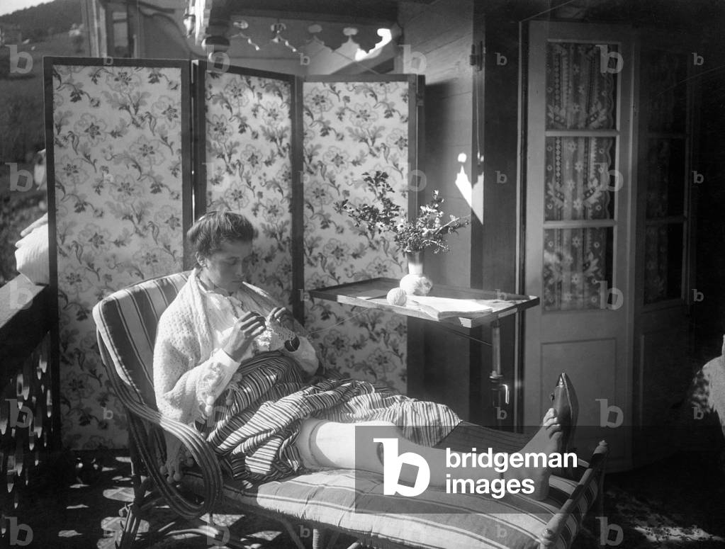 Italy, Valle D'Aosta, Sanatorium, Woman With Plaster Cast Leg, 1910-20  (b/w photo)