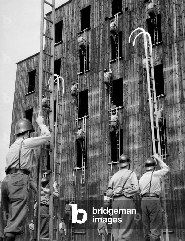 Firefighters, Training With Ladders With Hooks, 1956 (b/w photo)