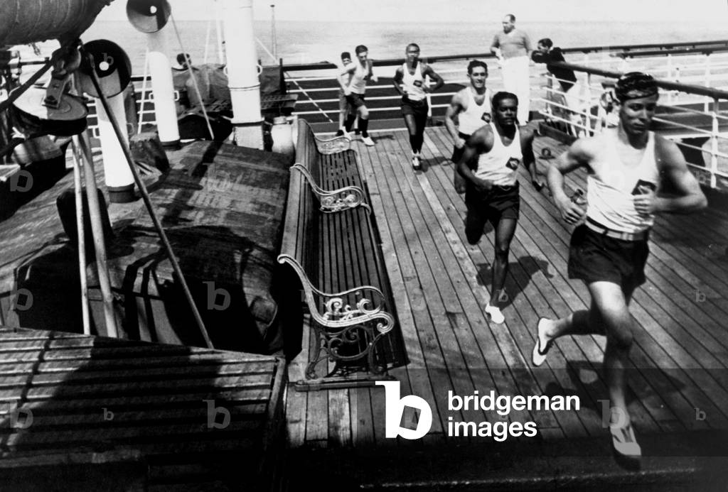 Training sessions on the deck of the transatlantic liner Conte Biancamano, 1920s (b/w photo)