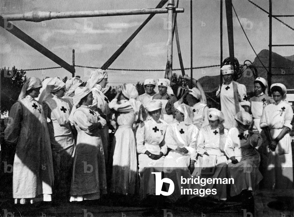 Memfi Ship, Helene of Orleans, Duchess of Aosta With the Red Cross Nuses, 1912 (b/w photo)